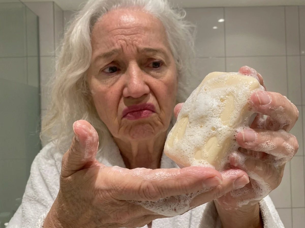 An older woman lathering a bar of soap in her hands, looking sceptical