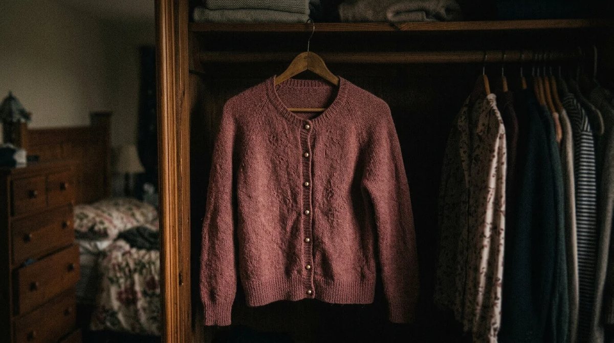 A pink knitted cardigan hanging in a wardrobe among other clothes