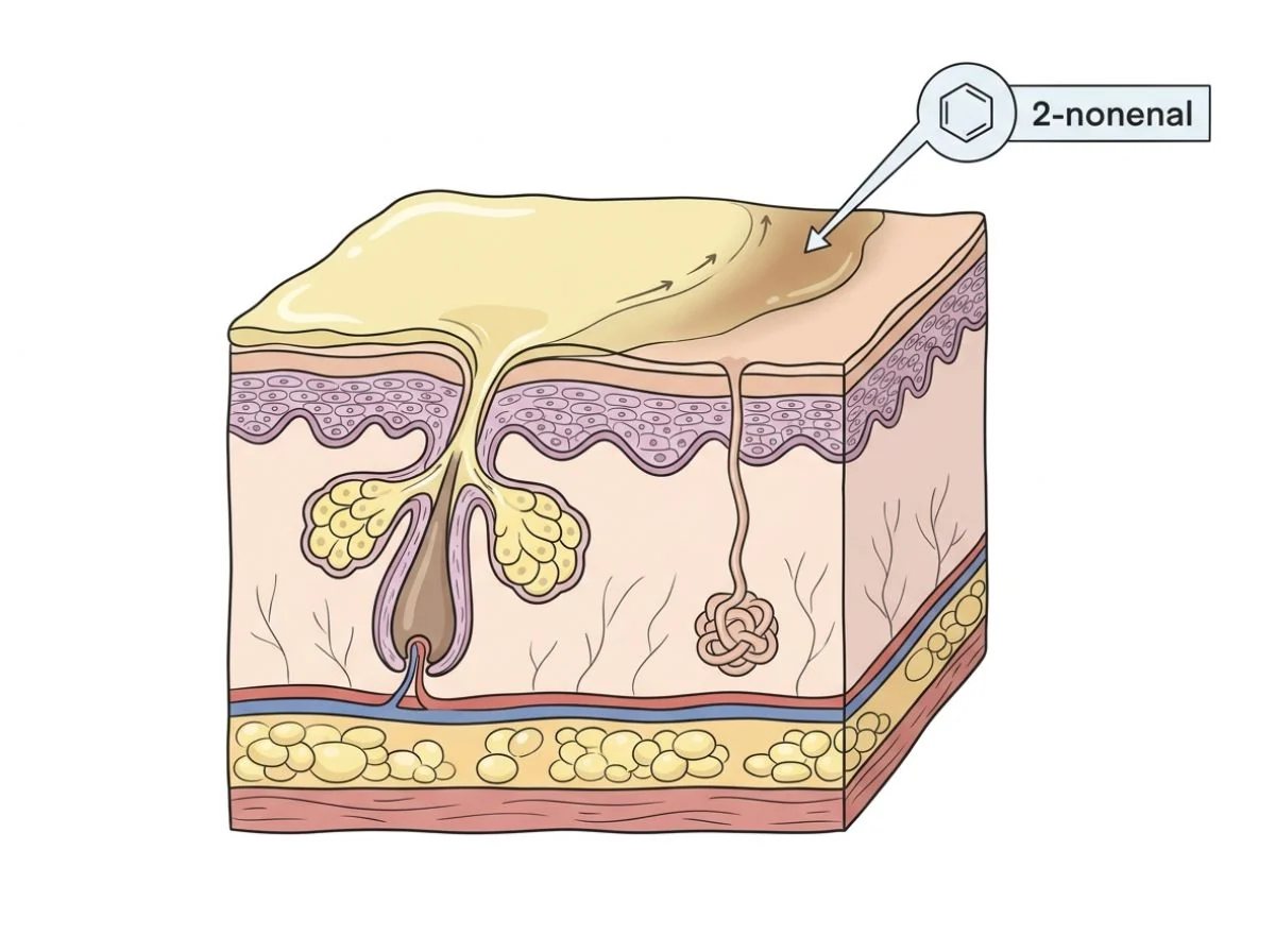 Cross-section diagram of skin showing a sebaceous gland and the compound 2-nonenal at the surface