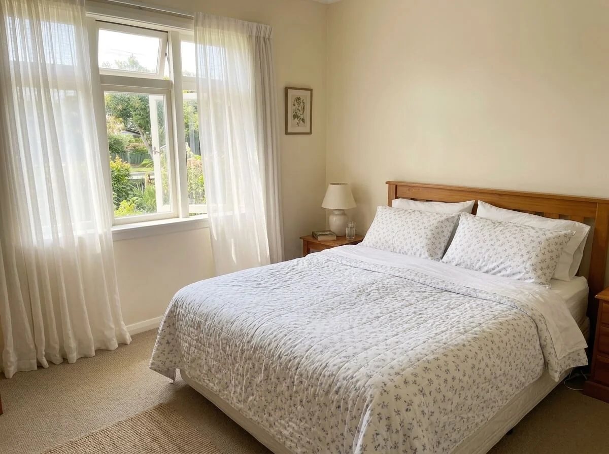 A neatly made bed in a bright spare bedroom with sunlight through net curtains